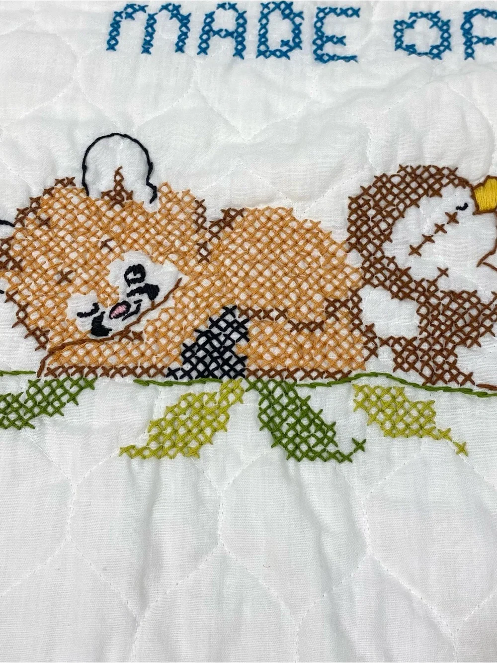 Vintage Cross Stitched Baby Quilt Animal Blanket Raccoon Squirrel